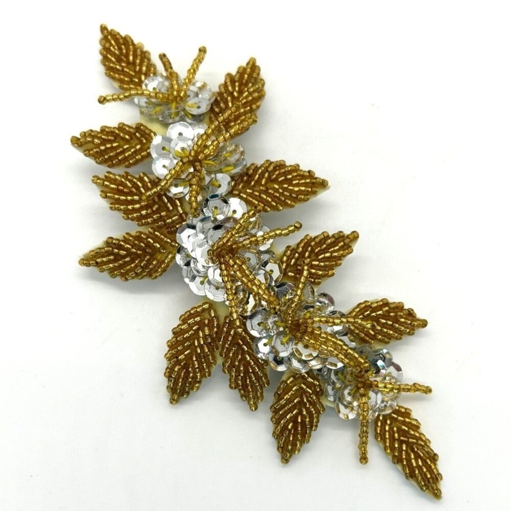 Floral Hair Barrette Bridal Prom Formal Gold-Tone Beaded & Silvertone Sequin